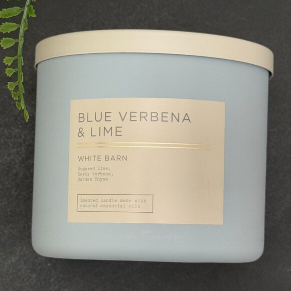 BBW Blue Verbena & Lime White Barn Bath & Body Works 3 Wick Candle - Picture 5 of 10